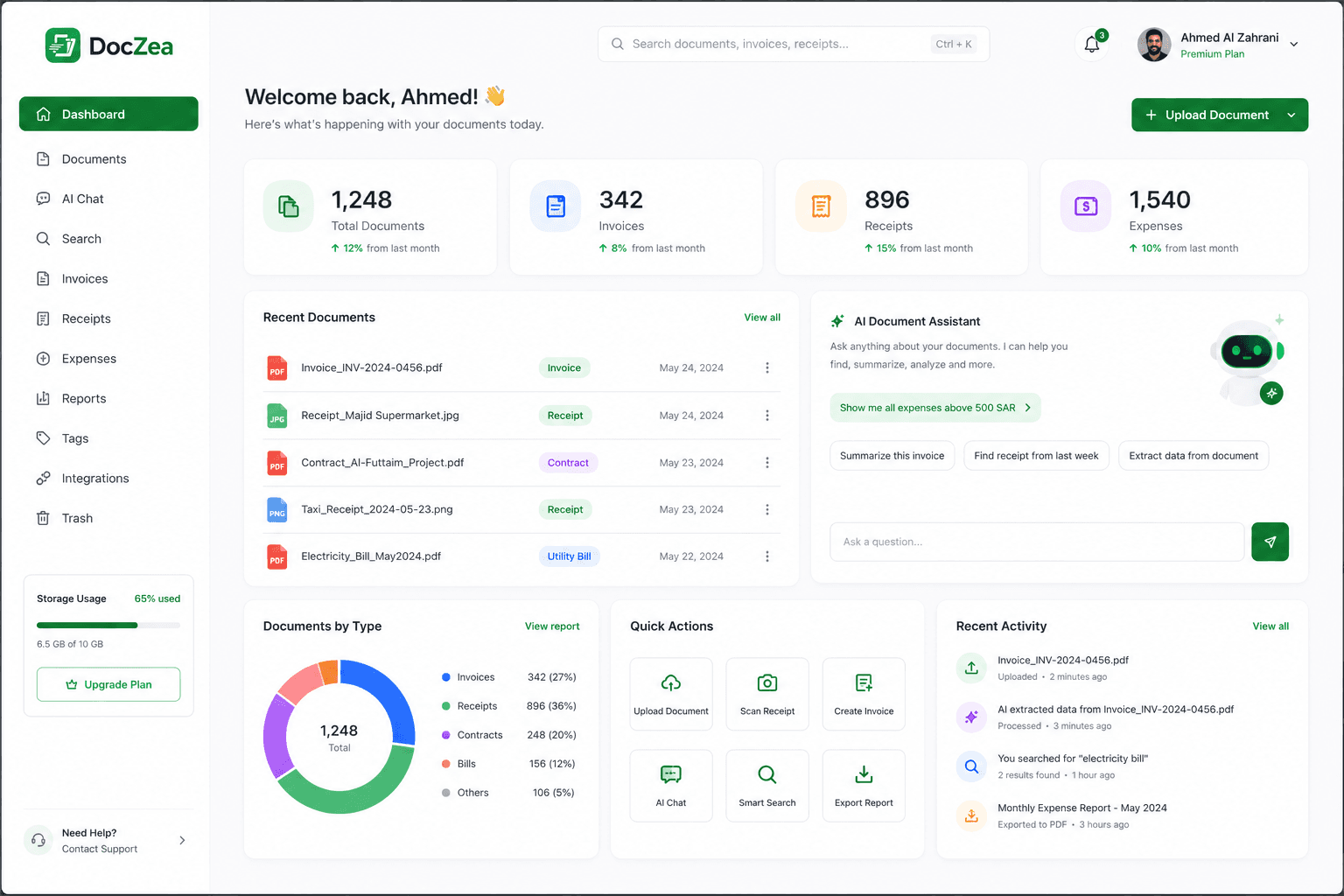 The DocZea dashboard, showing recent documents, extracted totals, and the smart document assistant